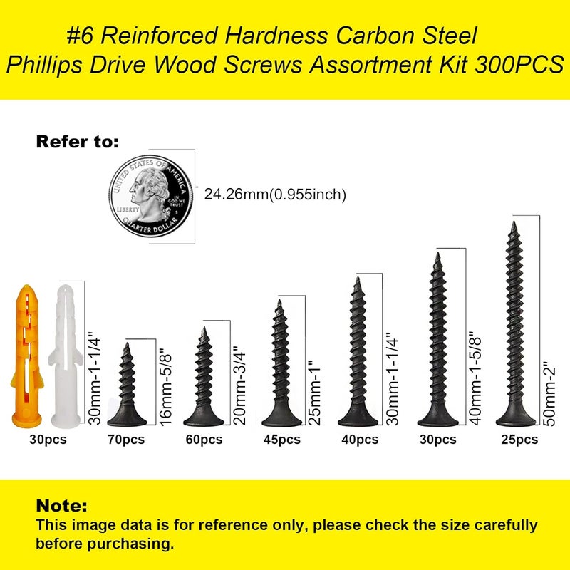 LERNOU M3.5 Wood Screw Assembly Kit,Drywall Screws,Phillips Drive Flat Head Self Tapping Screw Set,Kitchen Cabinet Drywall Small Screws 300 Pcs,Length 5/8" to 2",Oxide Coated Deck Black or DIY Fasteners. - Image 2